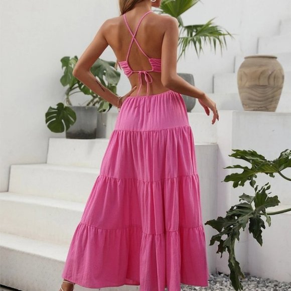 PINK RUFFLE HEM CUT OUT BACKLESS SPLIT THIGH MAXI DRESS SUMMER TRENDY - Picture 2 of 6